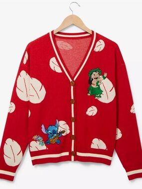 Disney Red Lilo & Stitch V-Neck Cardigan with White Leaf Motif